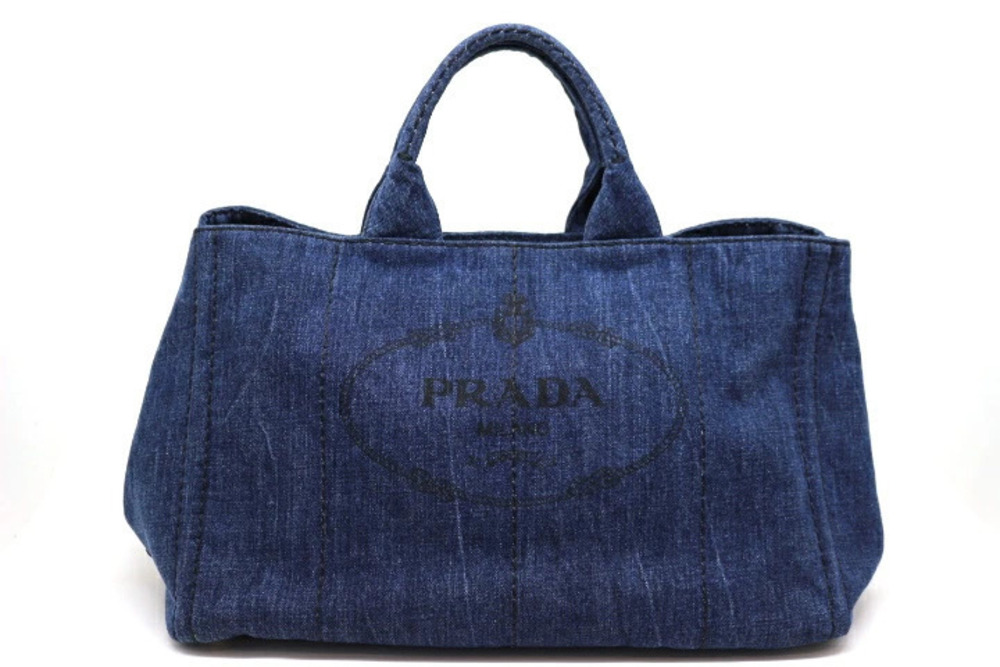 Prada Bag Canapa Tote Shoulder Canvas Blue Denim